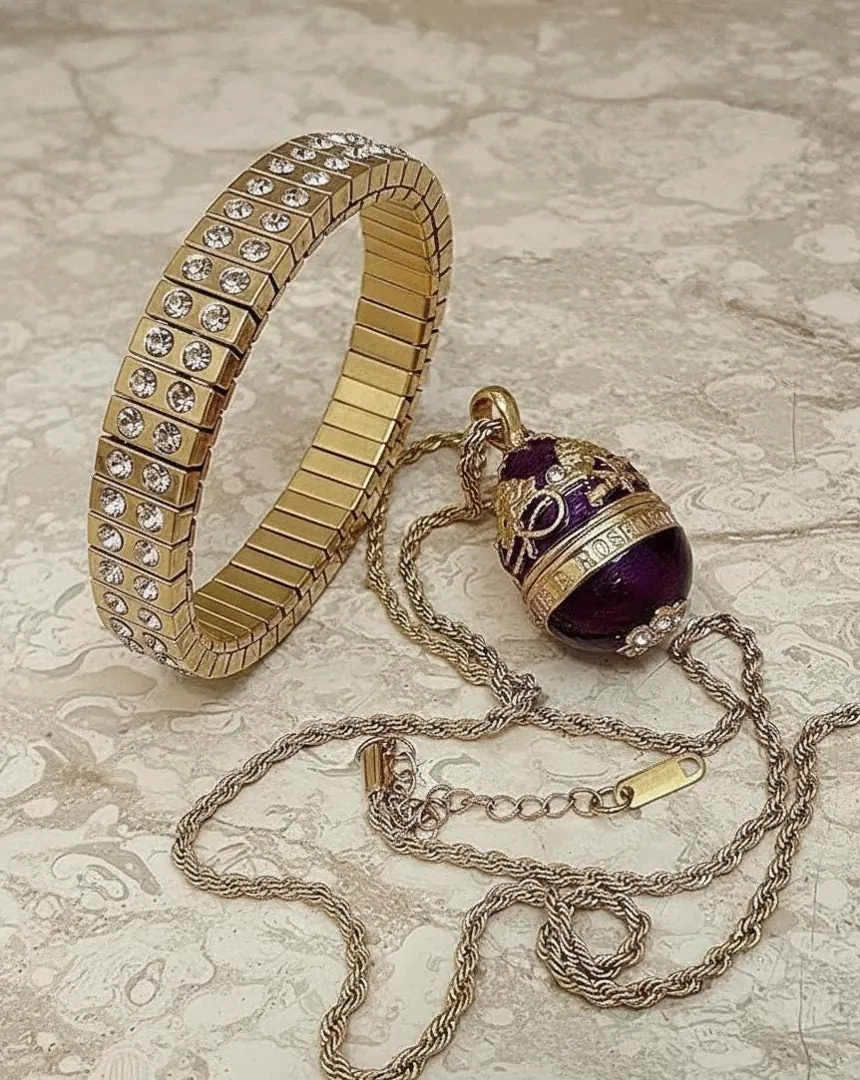 Purple Faberge Egg Pendant Necklace Bracelet Set - Fabergé Handmade Greek Jewelry, Faberge Easter Gift Swarovski Pure Gold by Pierre Lorren