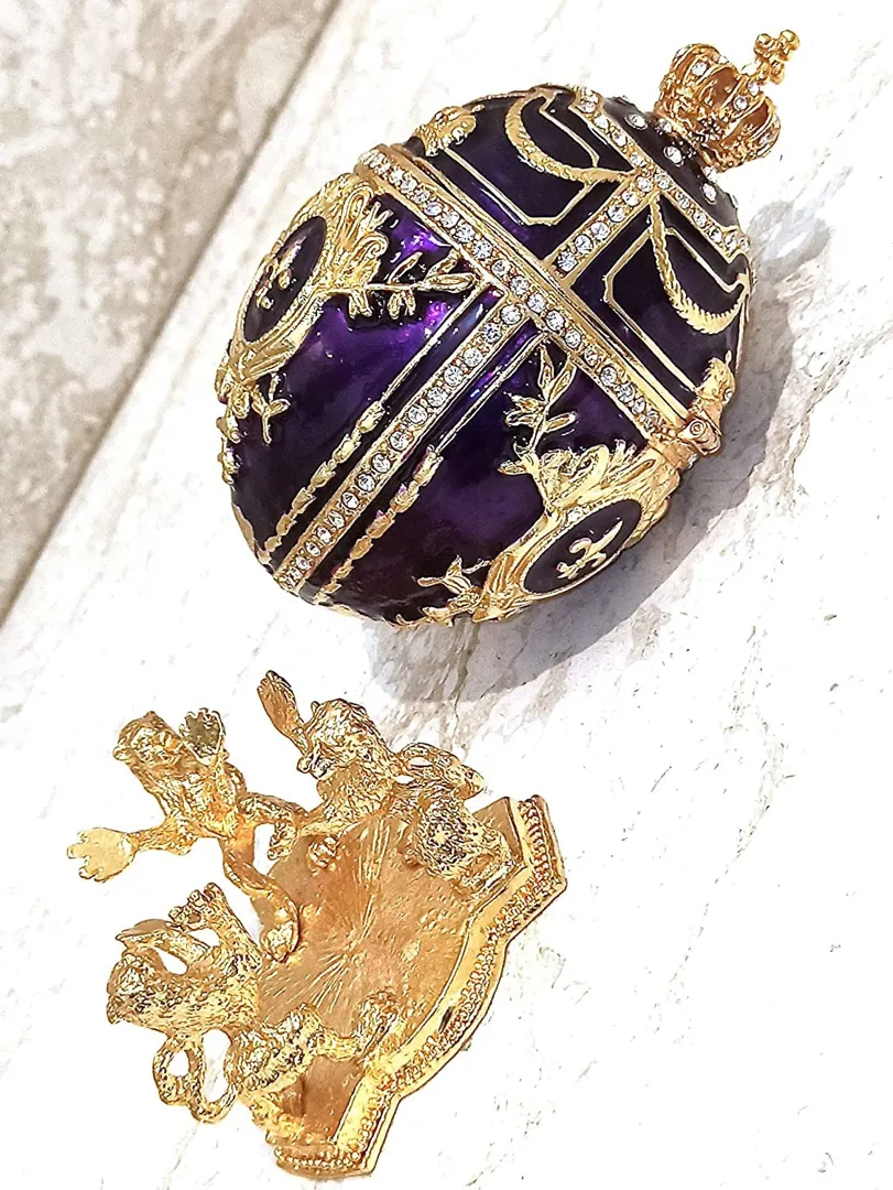 Stunning June birthday gifts for her: Amethyst Faberge egg jewelry box, plus Faberge egg necklace, Faberge egg pendant, June gifts, 24k gold.