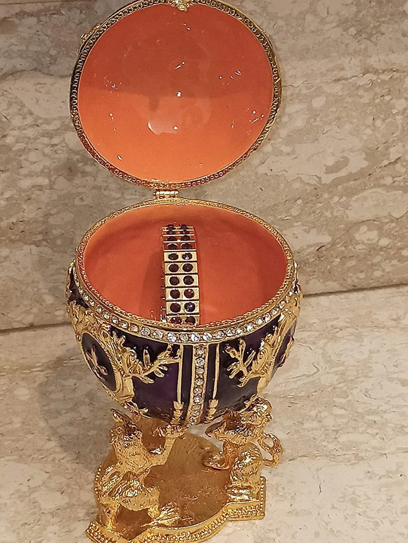 Stunning June birthday gifts for her: Amethyst Faberge egg jewelry box, plus Faberge egg necklace, Faberge egg pendant, June gifts, 24k gold.