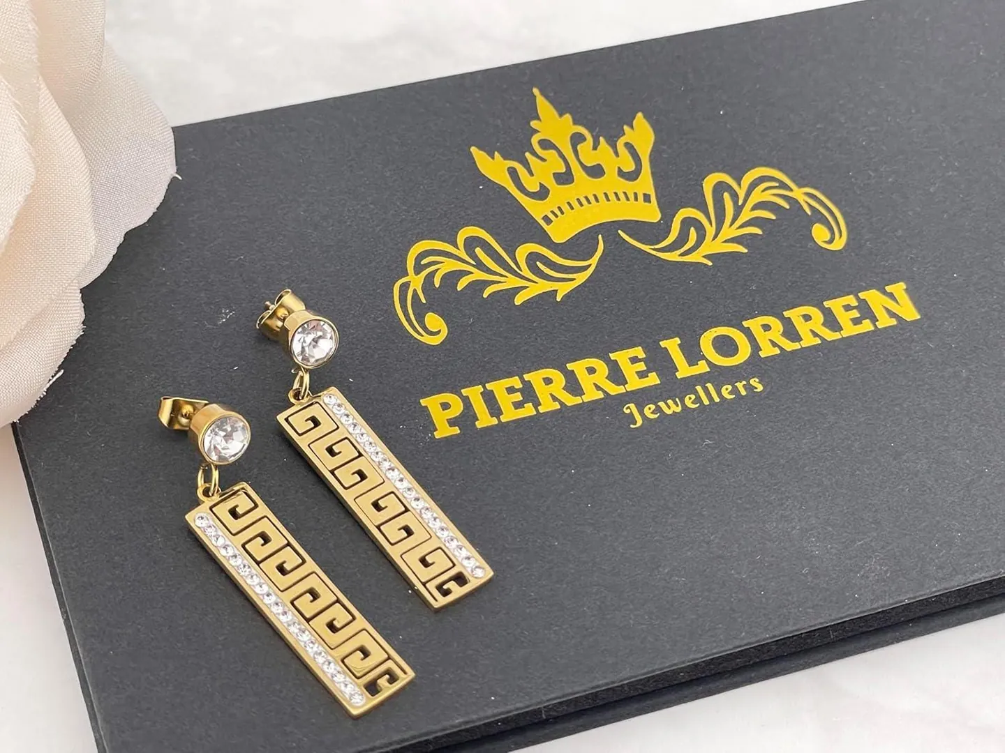 18k Yellow Gold Greek Key Design Diamond Meander Earrings, Greek Key Hoop Earrings, Greek Key Pattern Jewelry, featuring 136 Austrian Crystal Diamonds.