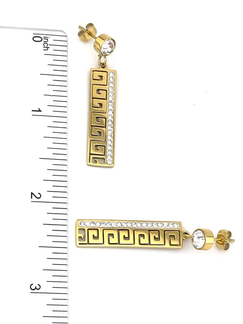 18k Yellow Gold Greek Key Design Diamond Meander Earrings, Greek Key Hoop Earrings, Greek Key Pattern Jewelry, featuring 136 Austrian Crystal Diamonds.