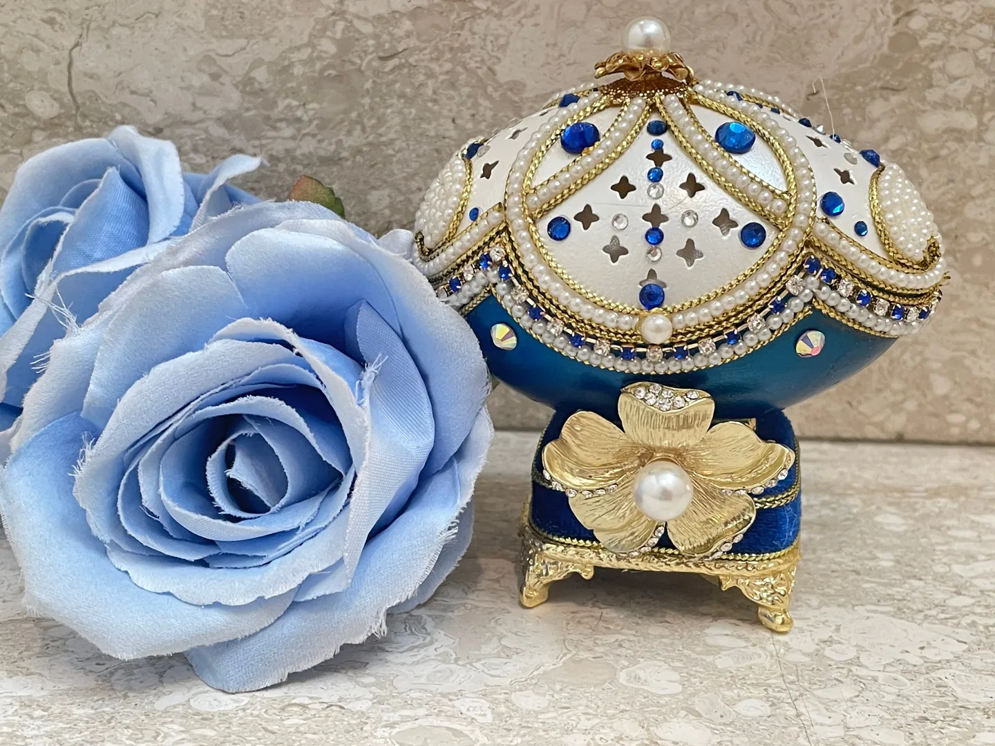 1993 Luxury Jewelry Box Faberge Egg Jewelry Set - Faberge Egg Something Blue Something New Hand-Carved Natural Egg 24k Gold Austrian Crystal