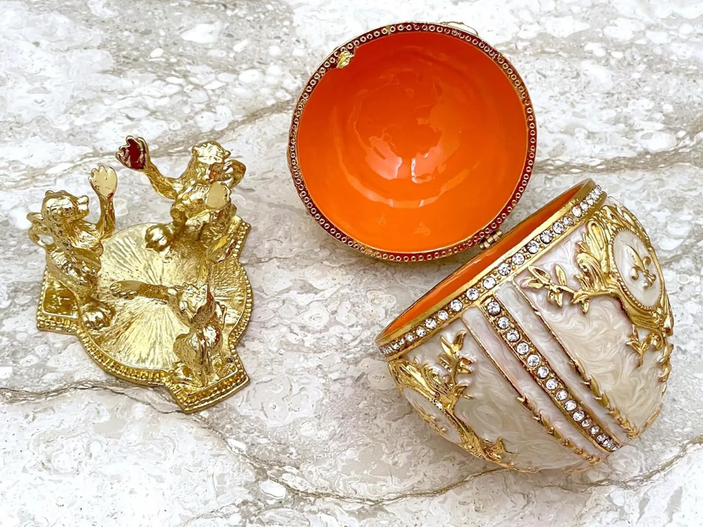 Perla White Faberge Egg Jewelry Box Handmade Russian Easter Egg Fabergé style egg Trinket box – 24k Gold, Swarovski Crystal by Pierre Lorren