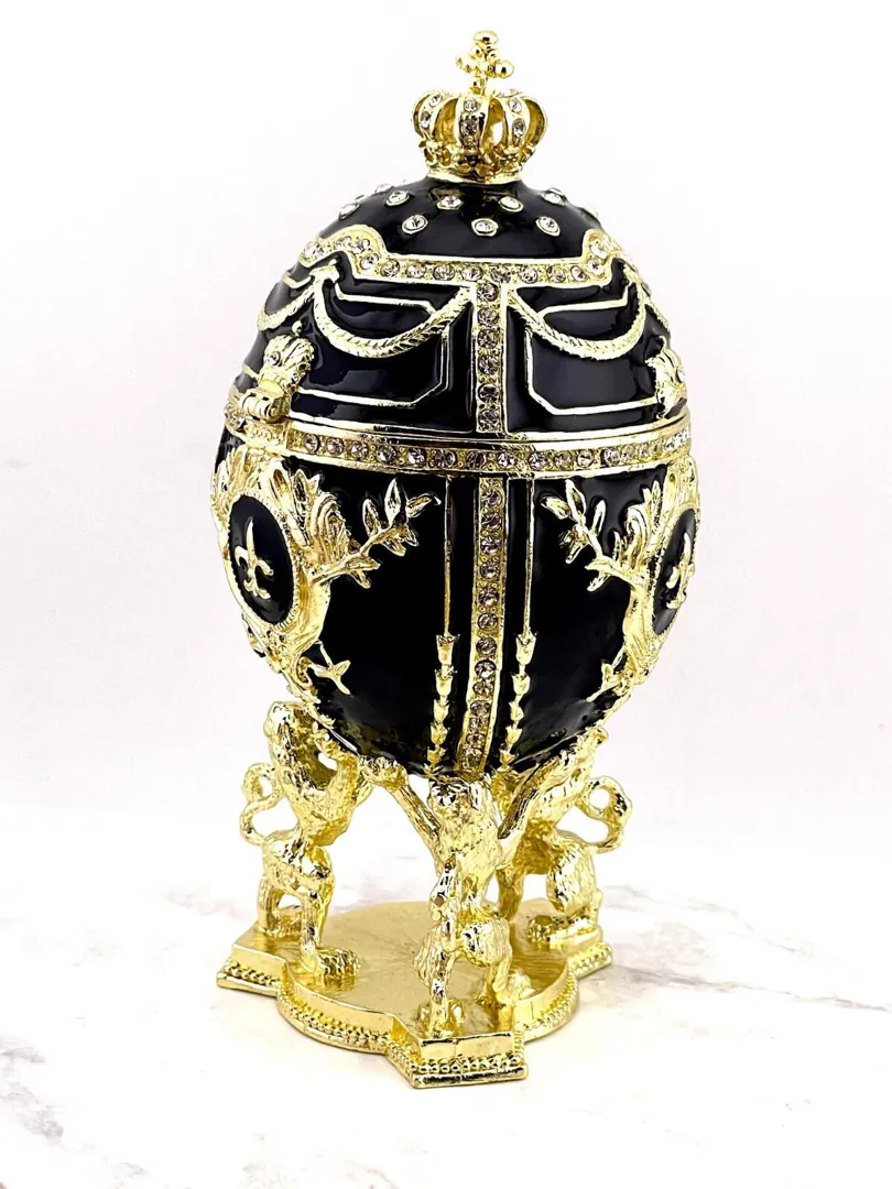 Handmade Black Fabergé Egg Trinket Box – 24k Gold, Swarovski Crystals