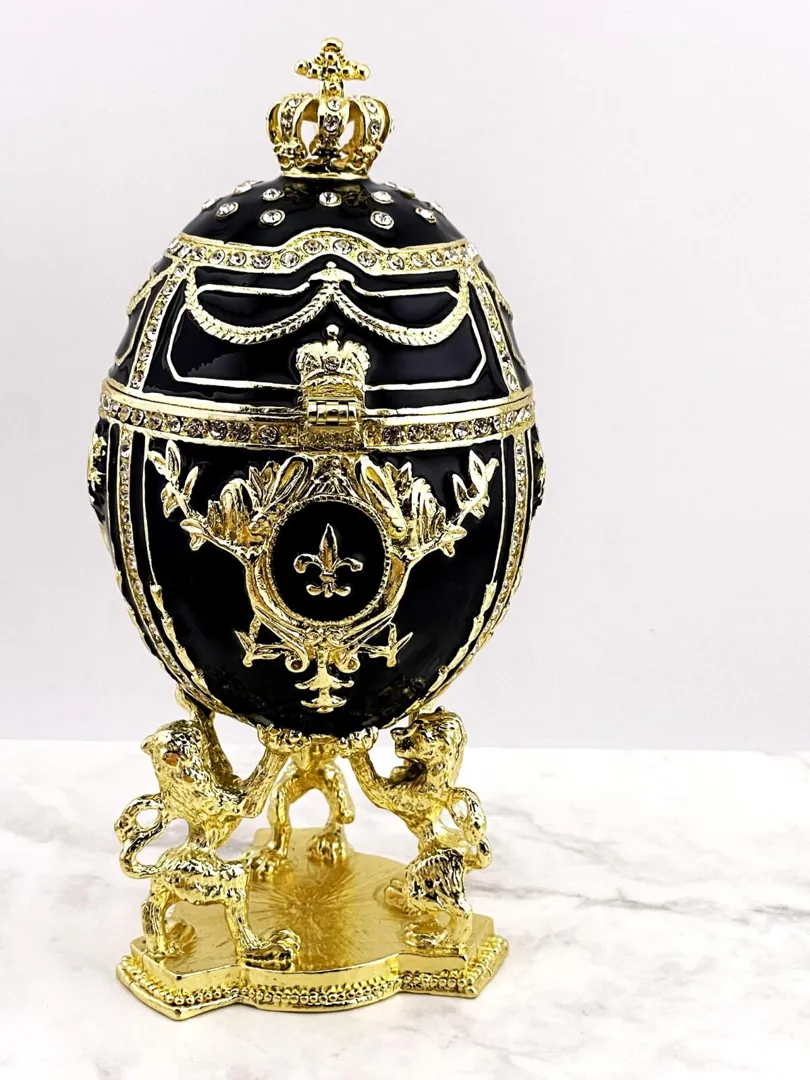Handmade Black Fabergé Egg Trinket Box – 24k Gold, Swarovski Crystals