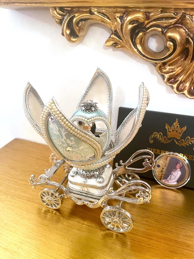 1981 Faberge Style Egg Princess of Wales: Natural Sapphire Diamond Pendant, Silver Tiara, Coin.