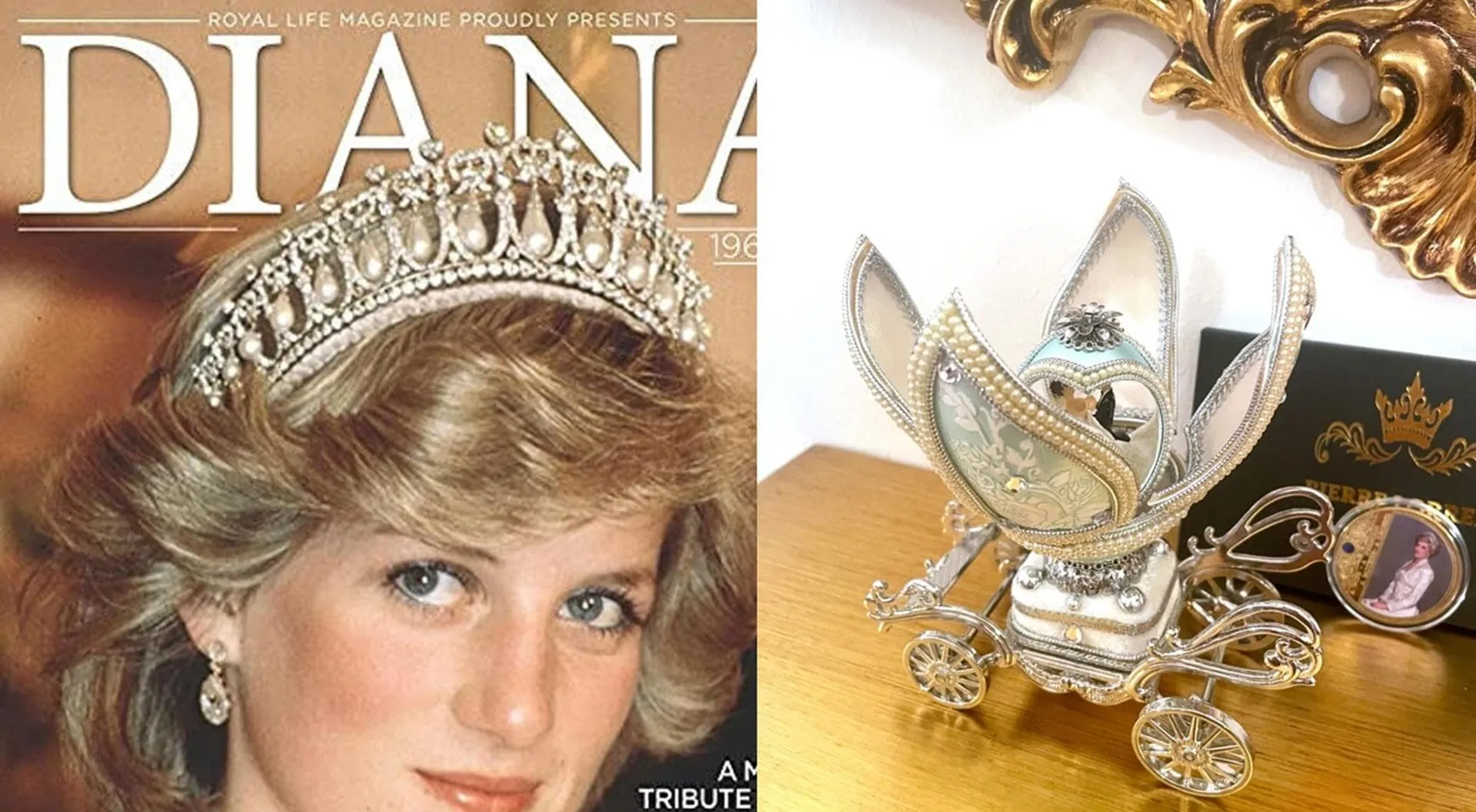 1981 Faberge Style Egg Princess of Wales: Natural Sapphire Diamond Pendant, Silver Tiara, Coin.