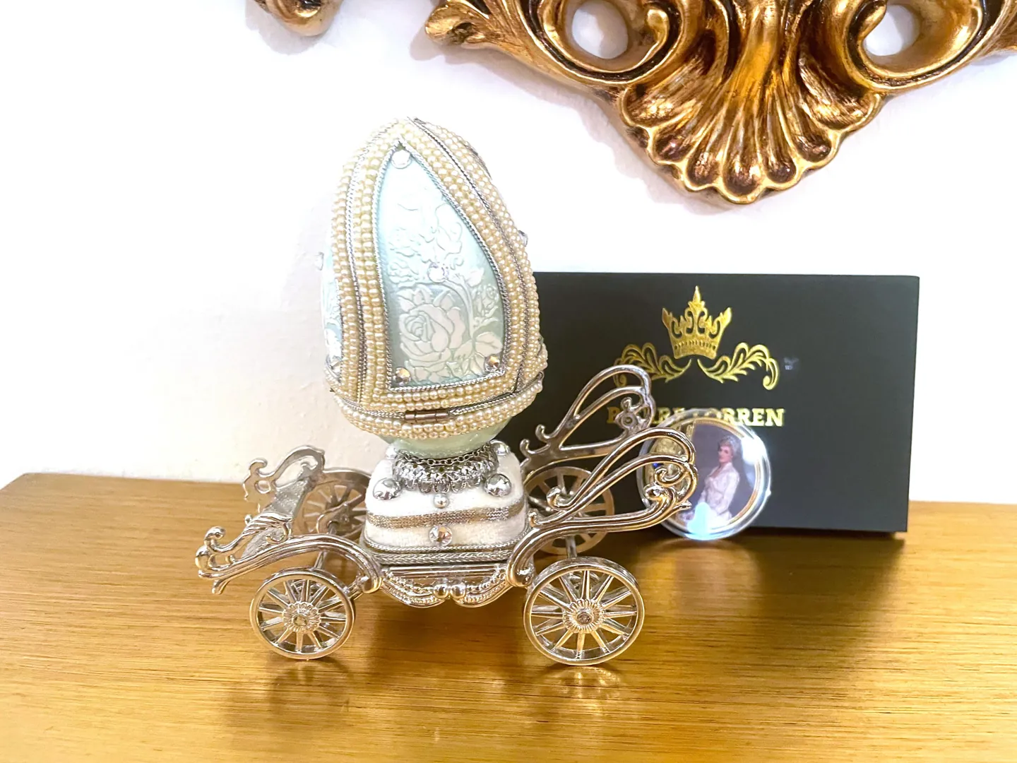 1981 Faberge Style Egg Princess of Wales: Natural Sapphire Diamond Pendant, Silver Tiara, Coin.