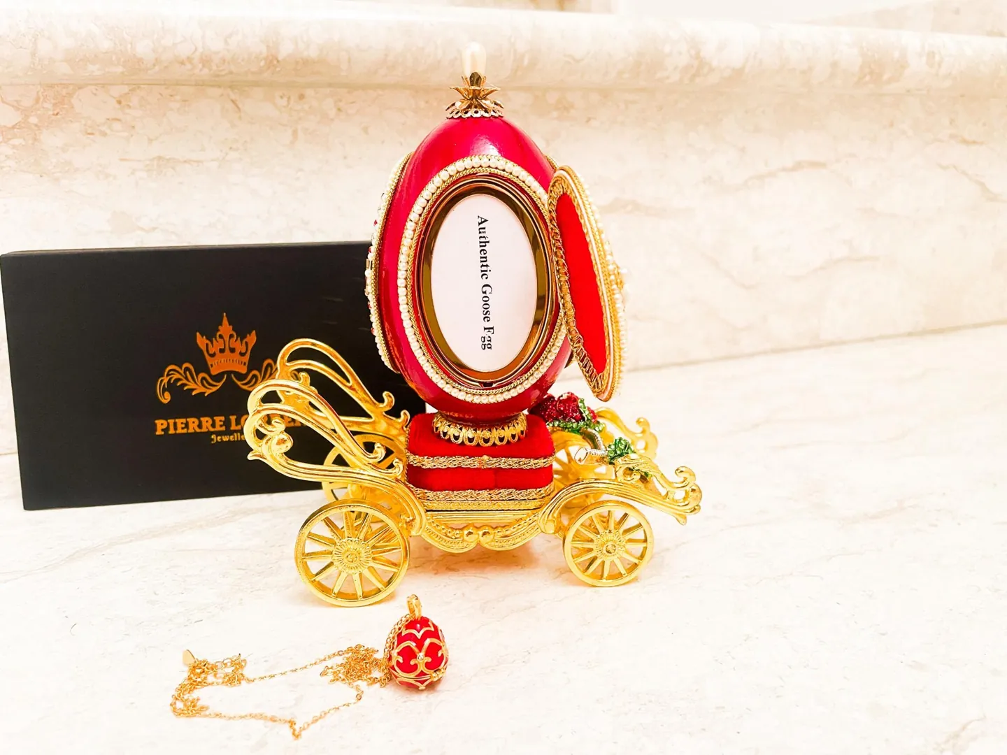 Faberge-Style Carriage Faberge Egg Music Box: Ruby 40th Wedding Anniversary Natural Egg Handmade PierreLorren