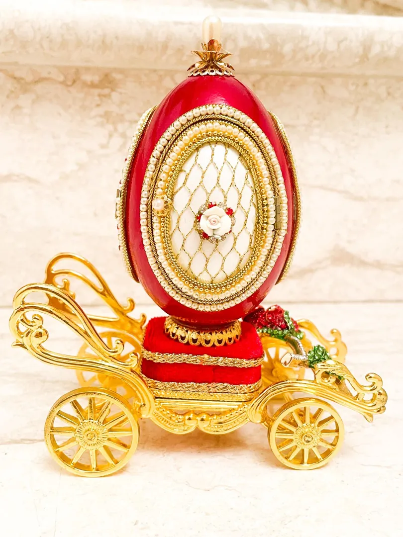 Faberge-Style Carriage Faberge Egg Music Box: Ruby 40th Wedding Anniversary Natural Egg Handmade PierreLorren