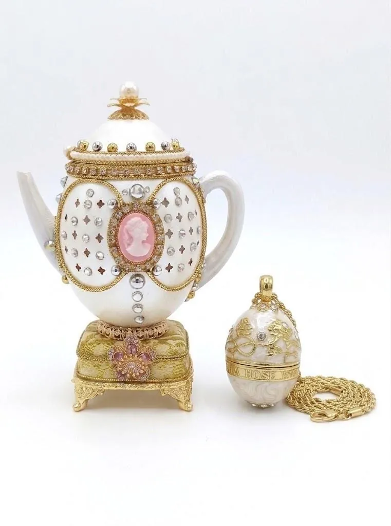 1991 Cameo Faberge Egg Music Box Natural Egg Faberge Style Egg + Faberge Necklace 35th Birthday Wife Gifts Fabergé Egg Handmade Vintage Egg