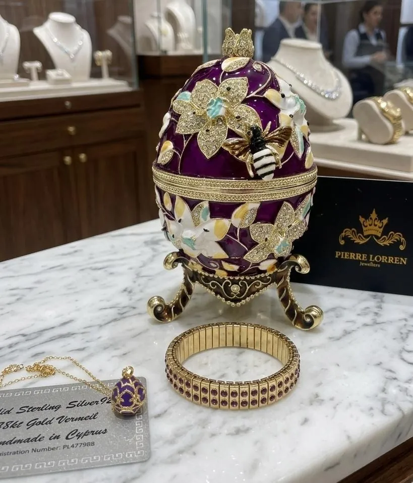 XL Handmade Faberge Egg Style Trinket Box & Fabergé Egg Necklace 18k Gold Vermeil, Amethyst Pomegranate Easter Abundance Gift Mother's Day 7