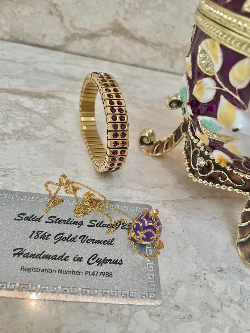 XL Handmade Faberge Egg Style Trinket Box & Fabergé Egg Necklace 18k Gold Vermeil, Amethyst Pomegranate Easter Abundance Gift Mother's Day 7