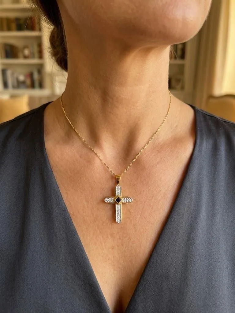 18k Yellow Gold Cross Pendant Natural Diamond Cross Natural Sapphire Cross Solid 18kt GOLD Cross Necklace Christian Cross for Graduation