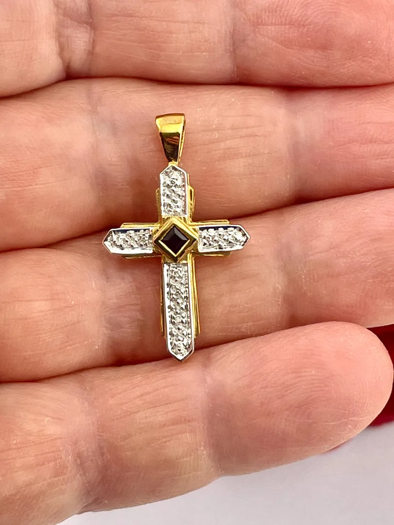 18k Yellow Gold Cross Pendant Natural Diamond Cross Natural Sapphire Cross Solid 18kt GOLD Cross Necklace Christian Cross for Graduation