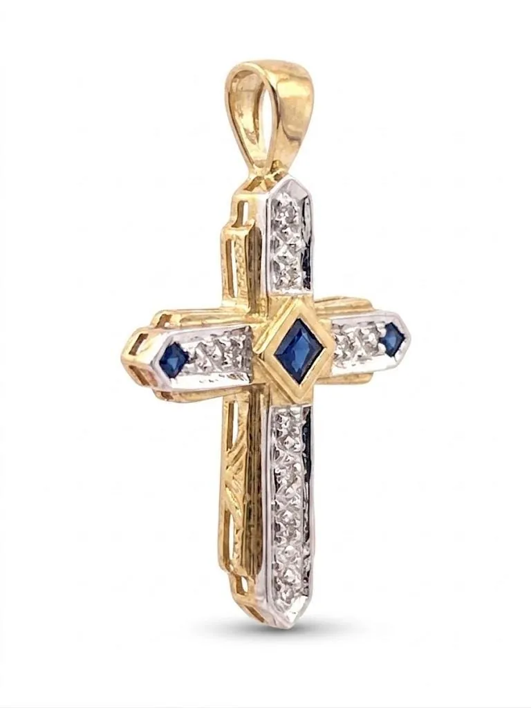 18k Yellow Gold Cross Pendant Natural Diamond Cross Natural Sapphire Cross Solid 18kt GOLD Cross Necklace Christian Cross for Graduation