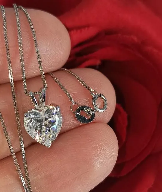 Solid 18k White Gold Heart Drop Diamond Necklace, Solitaire Diamond Necklace, 1.5 Carat.