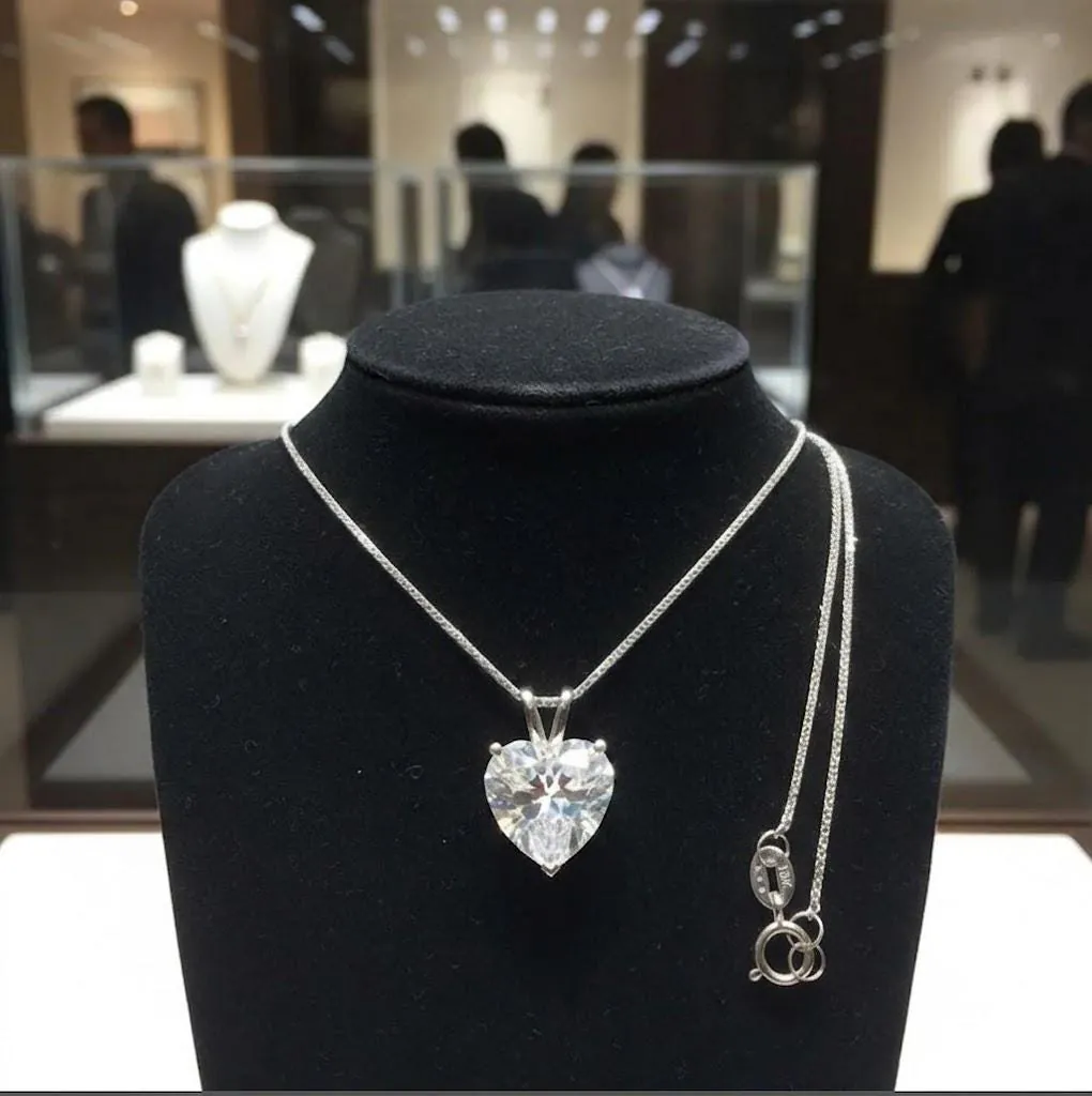 Solid 18k White Gold Heart Diamond Necklace, Solitaire Diamond Necklace, 1.5 Carat.