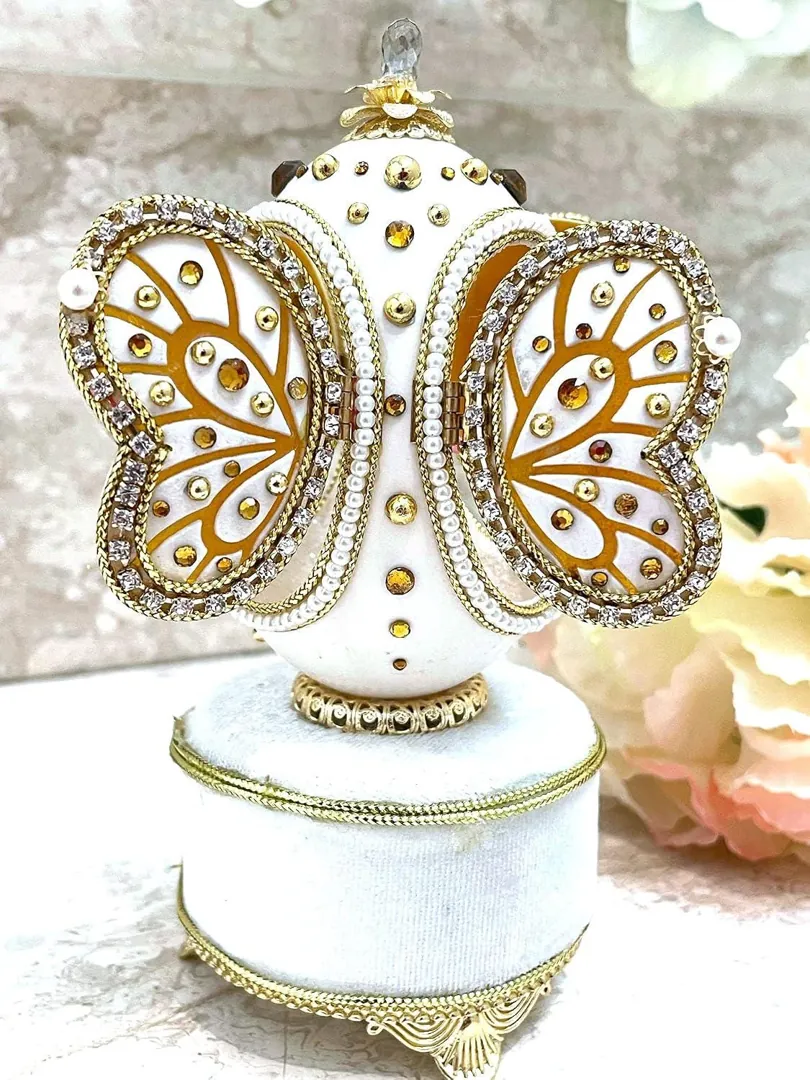 2004 Faberge Egg Music Box Natural Egg Faberge Style Egg + Faberge Necklace Birthday Wife Gifts Faberge Egg Butterfly Handmade Vintage Egg