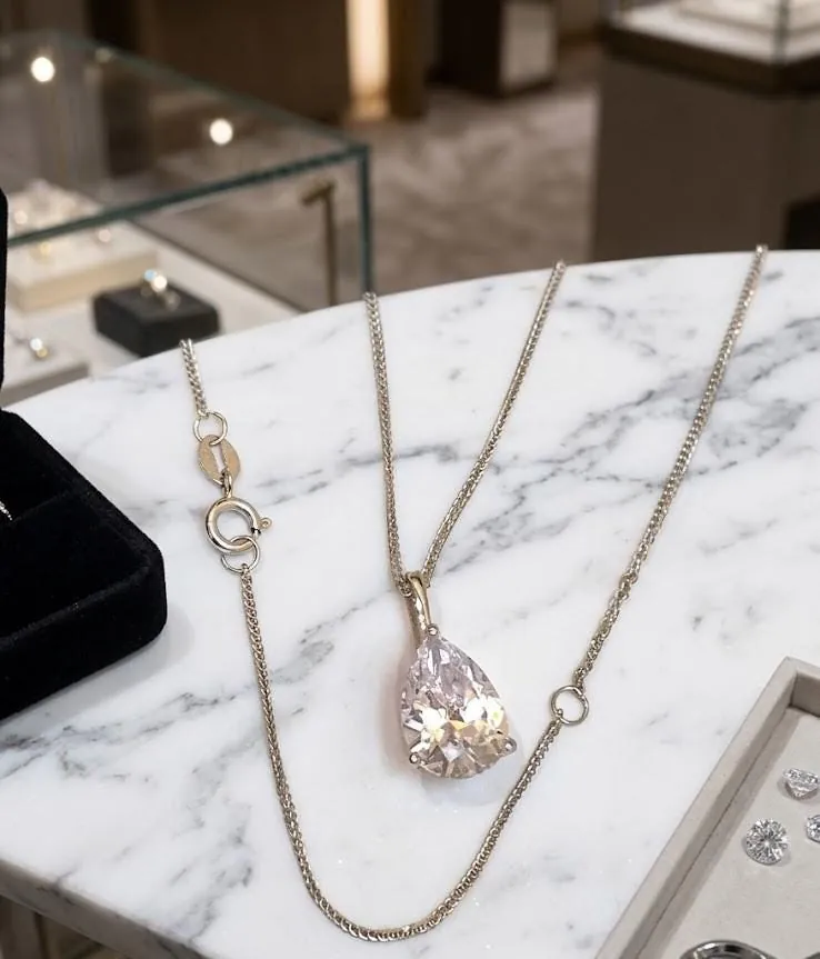 Solid 18k White Gold Tear Drop Diamond Necklace, Solitaire Diamond Necklace, 1.65 Carat.