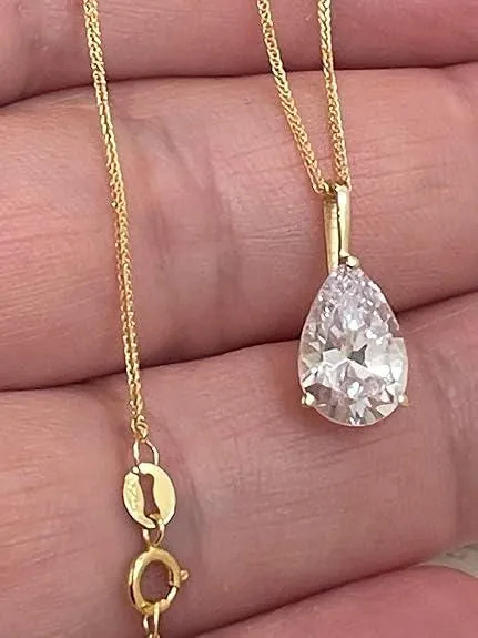 Solid 18k Yellow Gold Pear Diamond Necklace, Solitaire Diamond Necklace, 1.65 Carat.