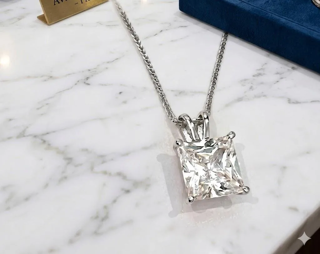 Solid 18k White Gold Square Diamond Necklace, Solitaire Diamond Necklace, 1.5 Carat.