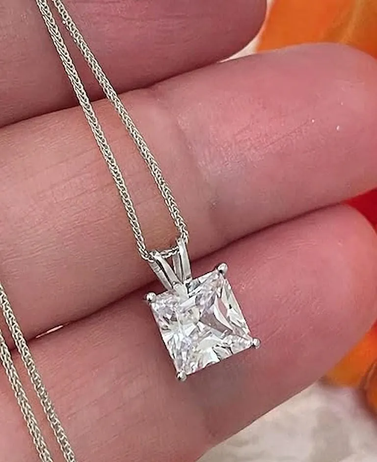 Solid 18k White Gold Square Diamond Necklace, Solitaire Diamond Necklace, 1.5 Carat.