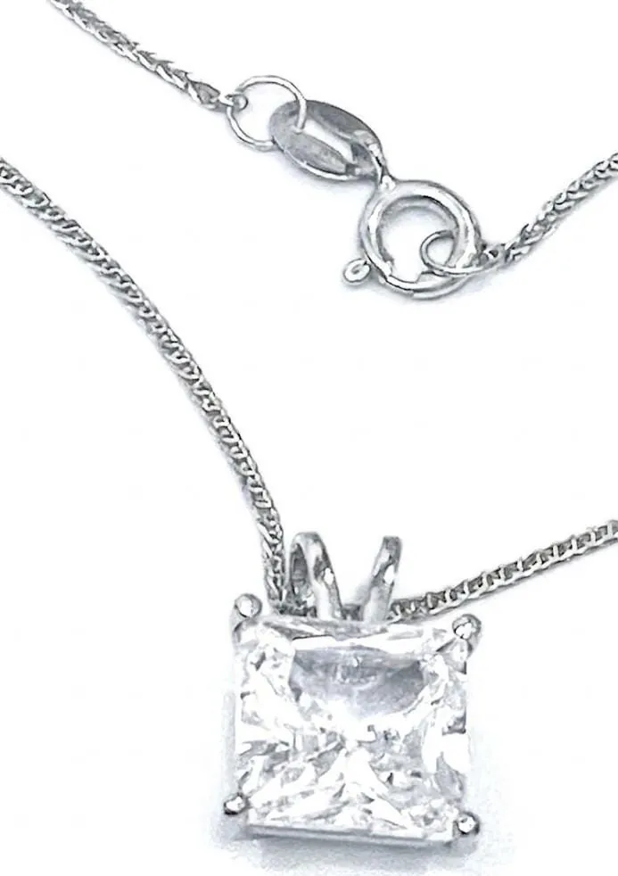 Solid 18k White Gold Square Diamond Necklace, Solitaire Diamond Necklace, 1.5 Carat.