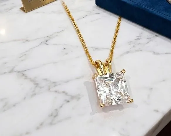 Solid 18k Yellow Gold Square Diamond Necklace, Solitaire Diamond Necklace, 1.5 Carat.