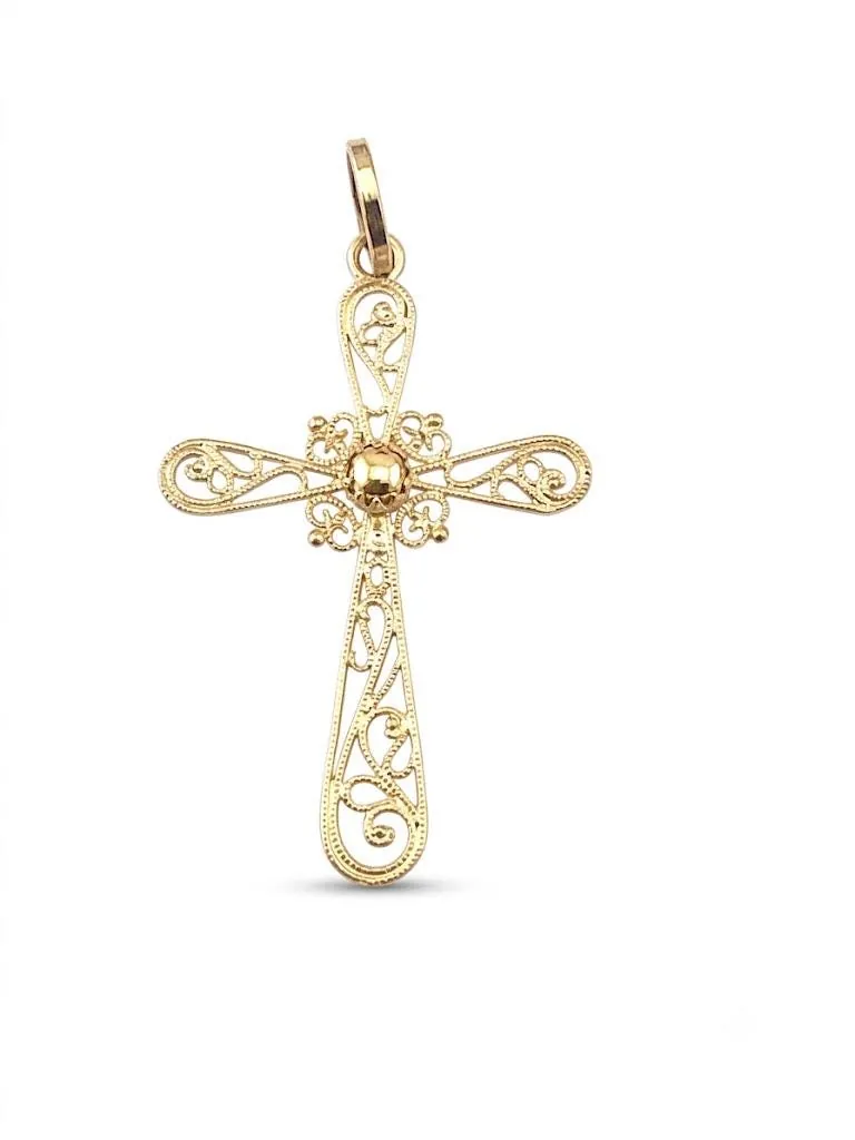 Solid 18k gold filigree cross pendant, handmade cross necklace. A Christian mother gift, crucifix cross for mom, suitable for women. Measurements: 1.78