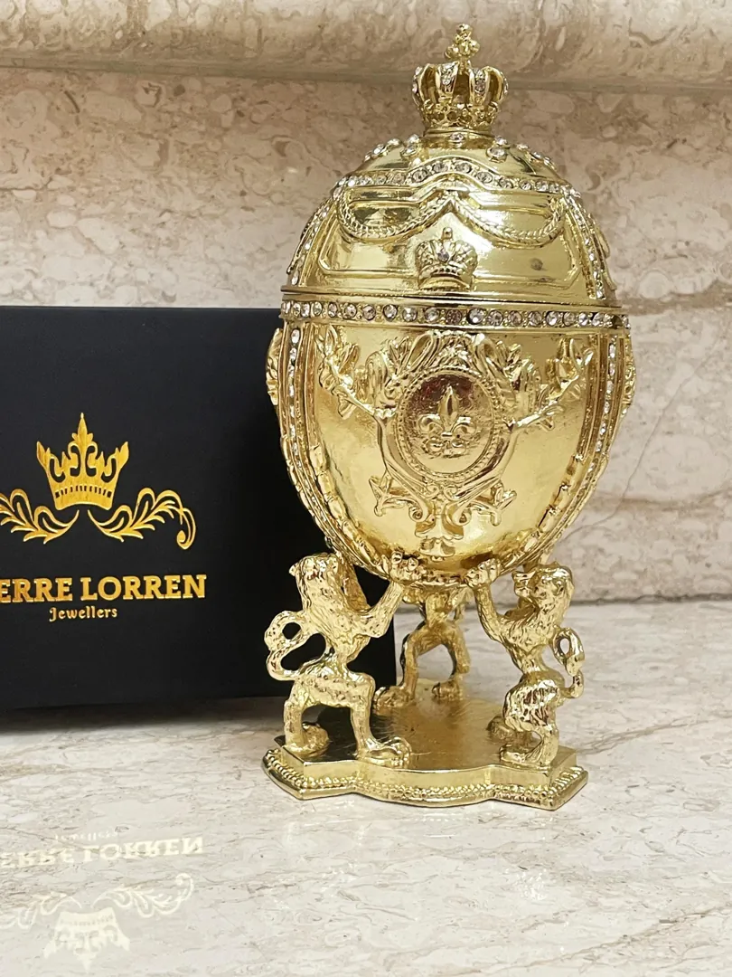 Limited Edition Pure Gold Faberge Egg Jewelry Box Handmade Russian Easter Egg Fabergé Style Egg Trinket Box 24K Gold Swarovski Pierre Lorren