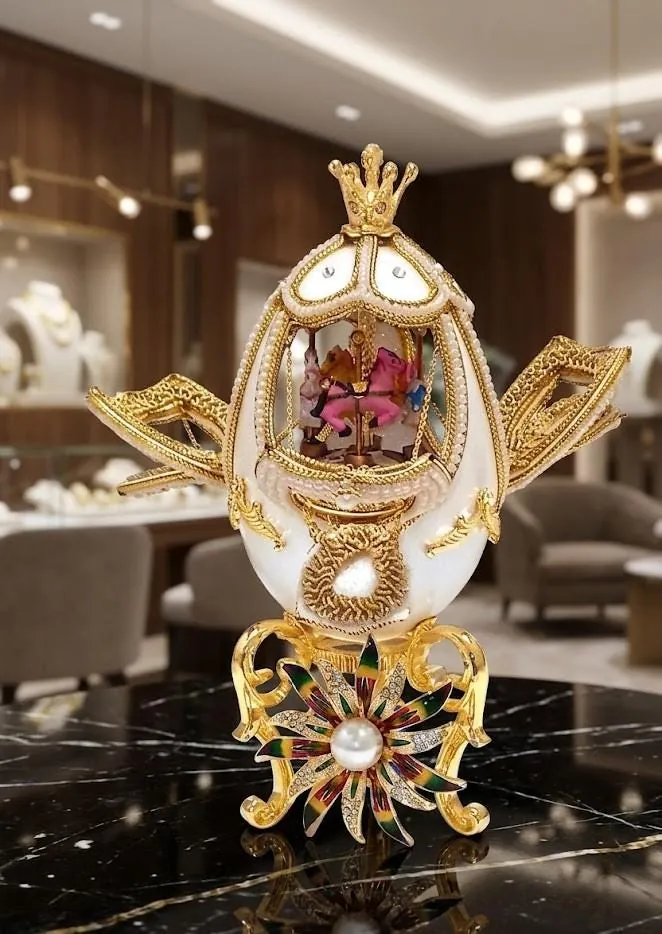 Vintage Chrysanthemum Horse Fabergé Egg Carousel Egg NATURAL Handcarved Egg Pure Gold Swarovski 2001 Wedding Day 25th Anniversary Wife Gift 2001