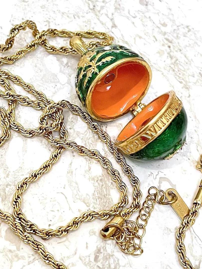 Vintage Bird Faberge Egg Jewelry Box & Faberge Necklace Natural Handcarved Egg Pure Gold Swarovski Wedding Day 1980 Anniversary Wife Gift