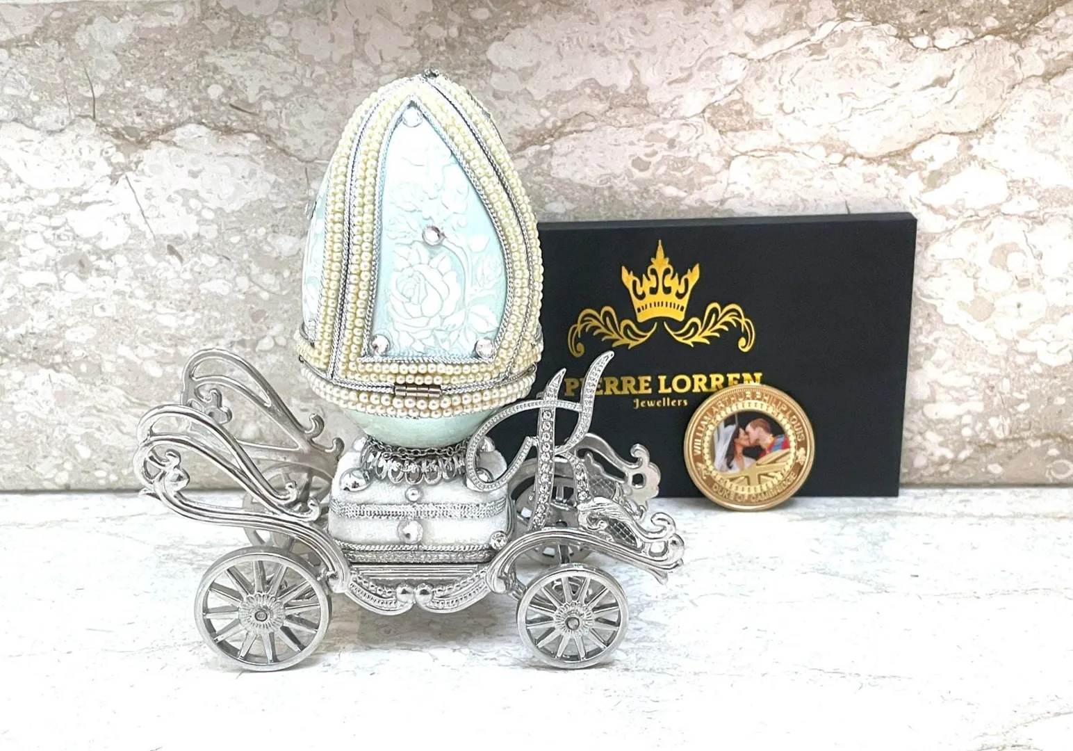 Antique 2011 Fabergé Egg 15th Wedding Anniversary Natural Egg Faberge Music Box & Natural Sapphire Diamond Pendant Necklace