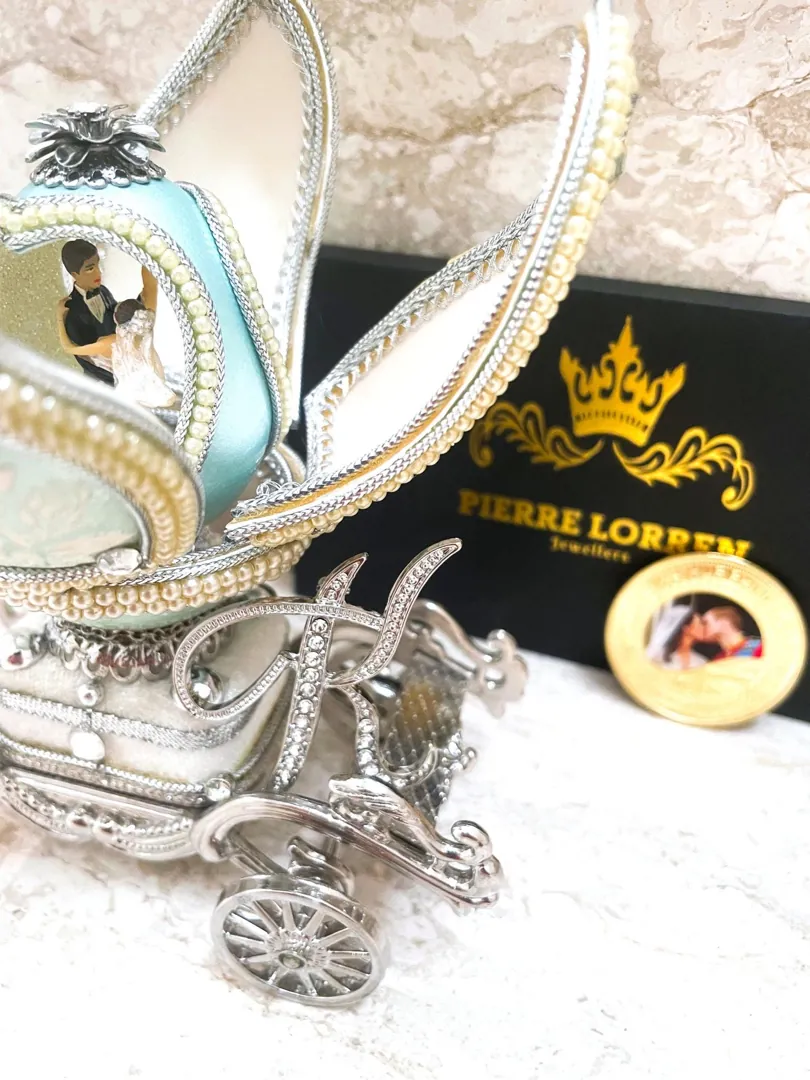 Antique 2011 Fabergé Egg 15th Wedding Anniversary Natural Egg Faberge Music Box & Natural Sapphire Diamond Pendant Necklace