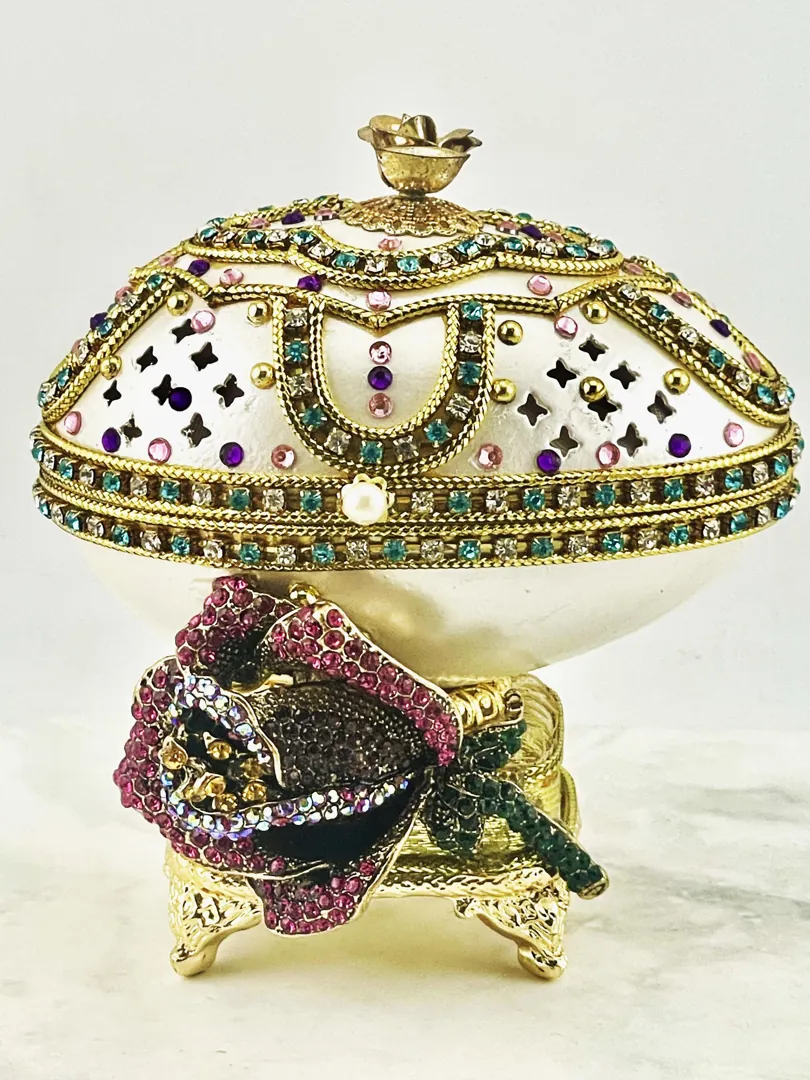 2010 One-of-a-Kind Fabergé Inspired Egg Natural Egg Handcarved with Austrian Crystal Amethyst - Pure Gold Decor - Unique Royal Collectors