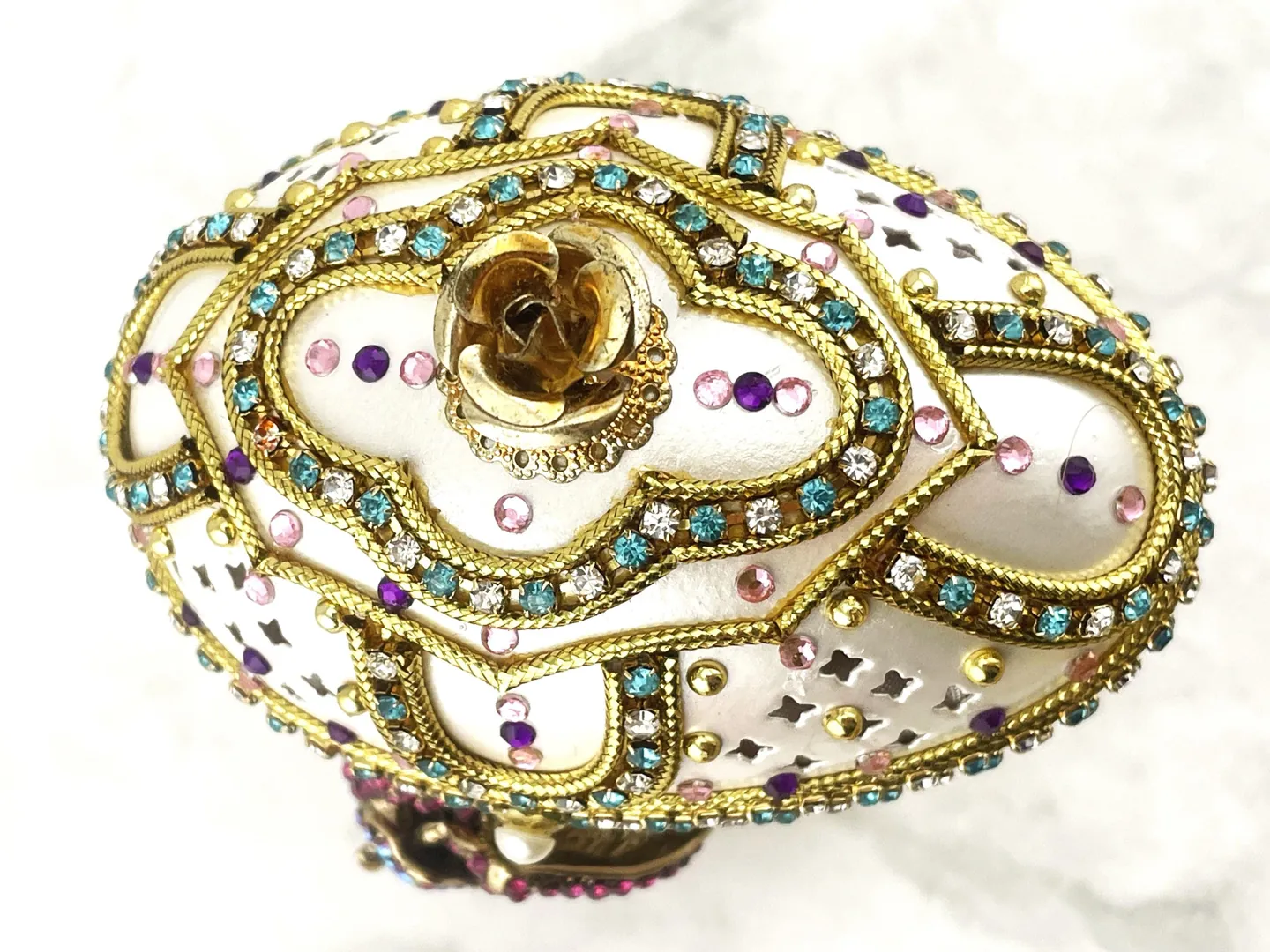 2010 One-of-a-Kind Fabergé Inspired Egg Natural Egg Handcarved with Austrian Crystal Amethyst - Pure Gold Decor - Unique Royal Collectors
