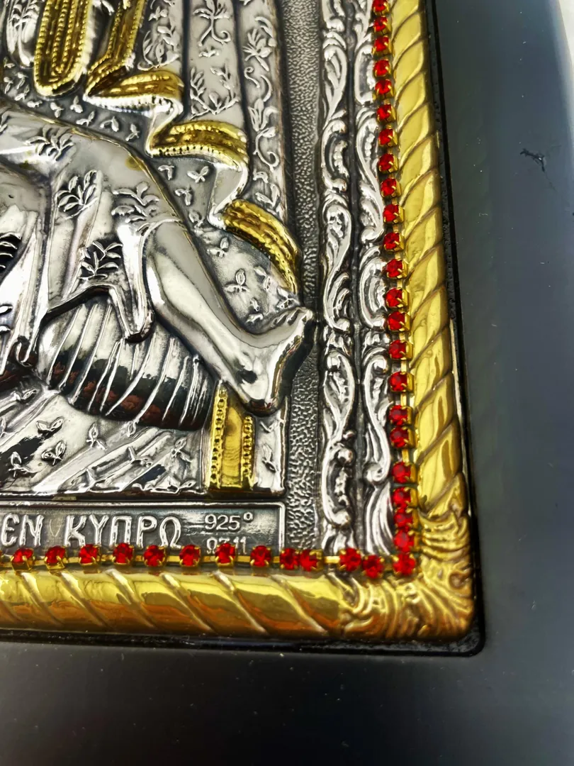 Virgin Mary Kykko Byzantine icon in wood round frame. A Greek Orthodox gift, this handmade piece from Greece features sterling silver and ruby accents. Perfect as a religious present.