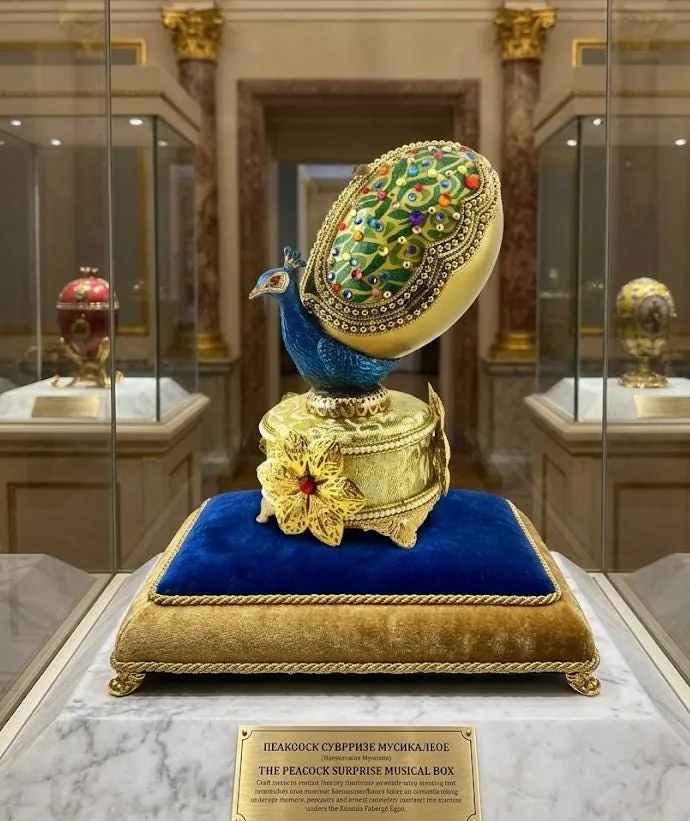 1986 Vintage Peacock Faberge Egg • Natural Hand Carved Egg - Faberge Music Box - Swarovski • 24K Gold • Handmade Pierre Lorren