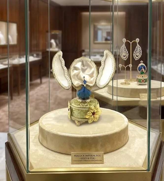 1986 Vintage Peacock Faberge Egg • Natural Hand Carved Egg - Faberge Music Box - Swarovski • 24K Gold • Handmade Pierre Lorren