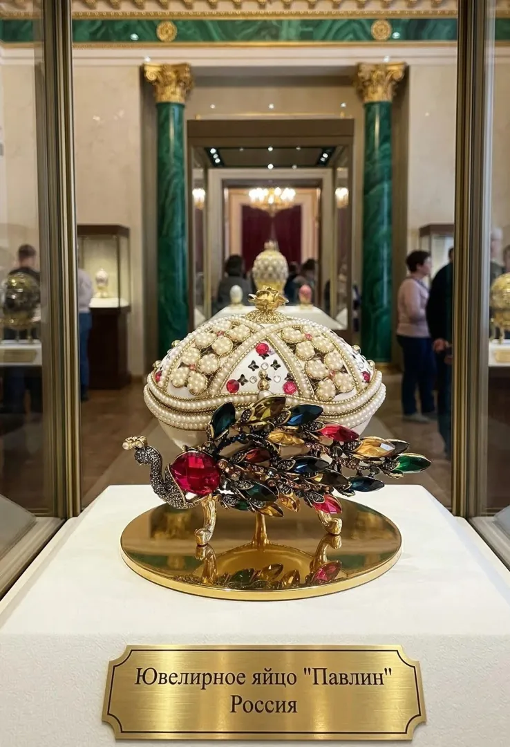 2008 Peacock Faberge Egg • Natural Hand Carved Egg - Faberge Music Box - Swarovski • 24K Gold • Handmade Pierre Lorren