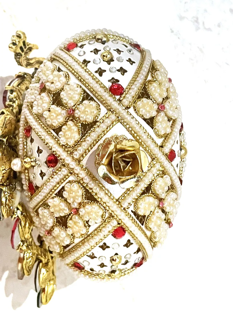 2008 Peacock Faberge Egg • Natural Hand Carved Egg - Faberge Music Box - Swarovski • 24K Gold • Handmade Pierre Lorren