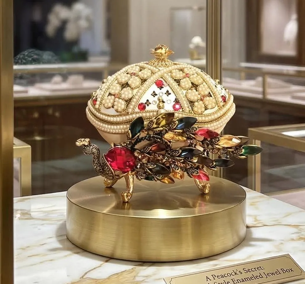 2008 Peacock Faberge Egg • Natural Hand Carved Egg - Faberge Music Box - Swarovski • 24K Gold • Handmade Pierre Lorren