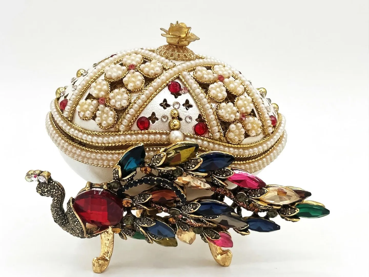 2008 Peacock Faberge Egg • Natural Hand Carved Egg - Faberge Music Box - Swarovski • 24K Gold • Handmade Pierre Lorren