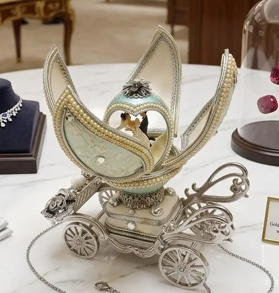 Vintage 1989 Faberge Egg Musical Carriage Jewelry Proposal Ring Box, perfect for a 25th Silver Anniversary gift for your wife.