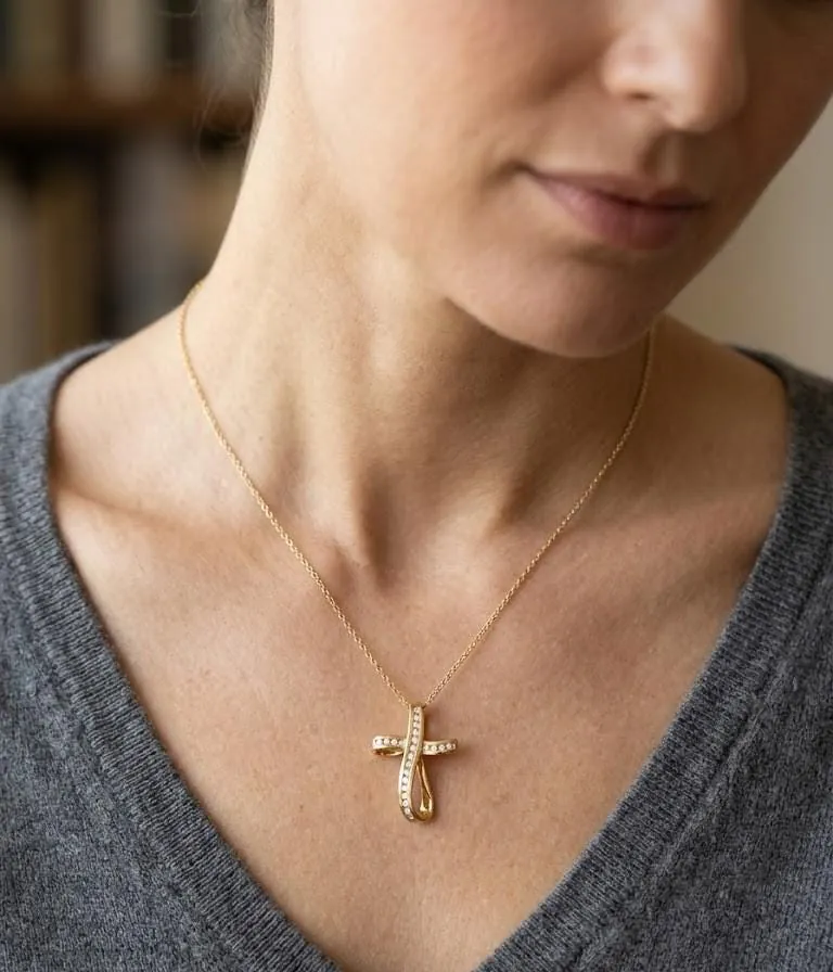 Solid 18k gold cross pendant featuring natural diamonds. This diamond cross necklace makes a perfect Christian Mother's Day gift, ideal for moms and women.