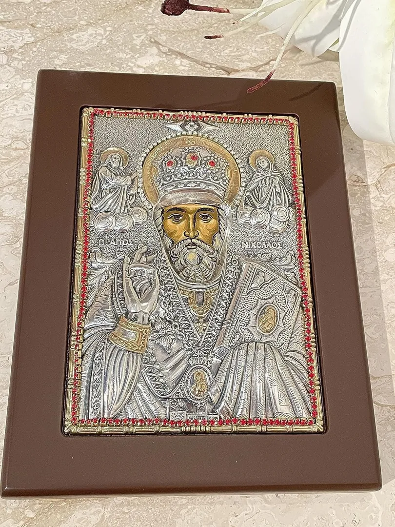 Saint Nicholas Icon Christian gift Byzantine Icon St. Nicholas Icon Patron of Children Greek Orthodox Icon PURE SILVER Gem Handpainted Icon
