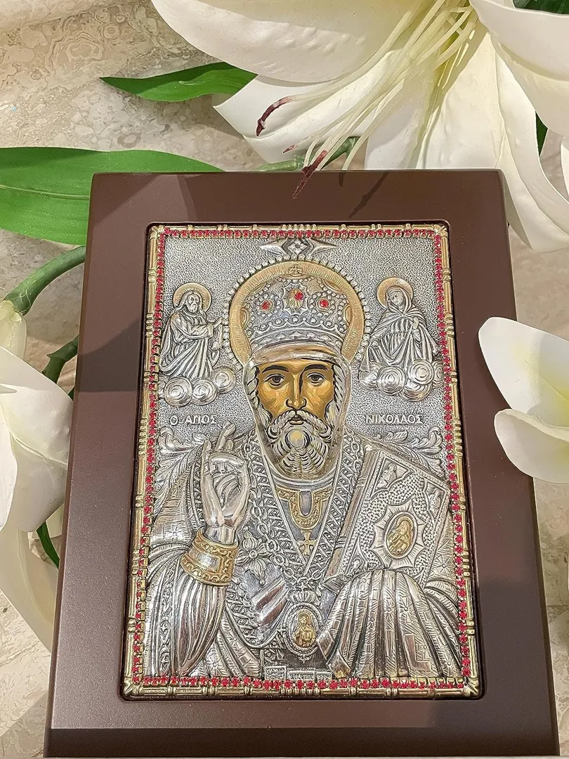 Saint Nicholas Icon Christian gift Byzantine Icon St. Nicholas Icon Patron of Children Greek Orthodox Icon PURE SILVER Gem Handpainted Icon