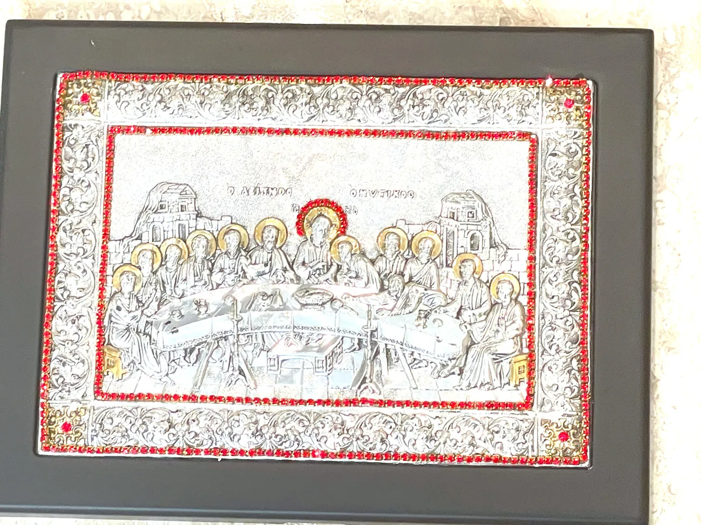 1990 Vintage Last Supper Sterling Silver Icon: Easter Christian Gift 24k Gold, Austrian Crystals