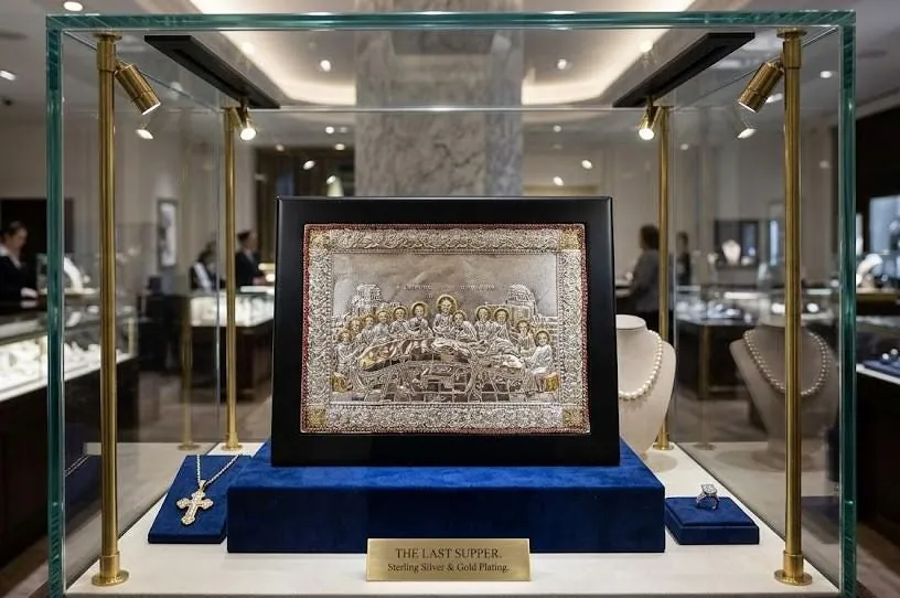 1990 Vintage Last Supper Sterling Silver Icon: Easter Christian Gift 24k Gold, Austrian Crystals